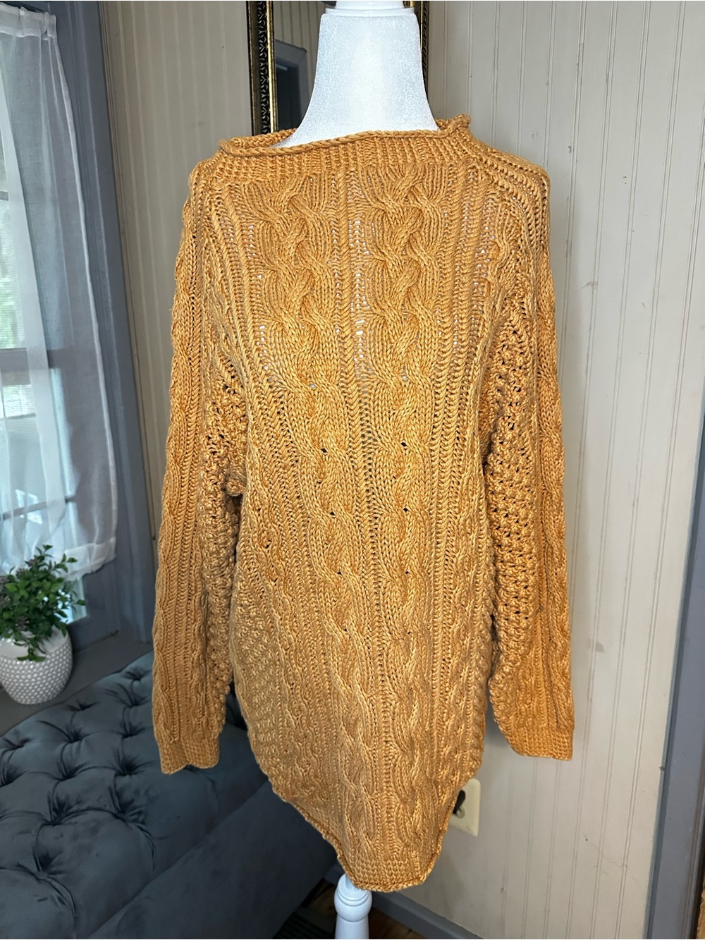 Vintage Interim Cable Knit Fisherman Sweater Mustard Chunky Cottagecore S